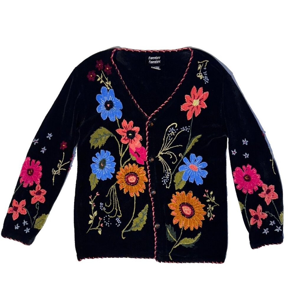 Vintage 90s Sweater Sweater Black Knitted Floral Wild Flower Sweater - Med Knit